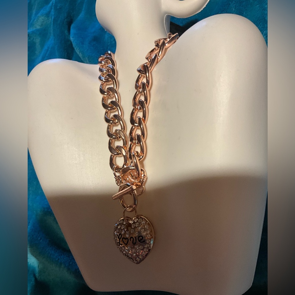 ELEGANT ROSE/GOLD 3PC CRYSTAL LOVE PUFF HEART NECKLACE BRACELET &EARRING 18Kg.p. - Picture 8 of 16